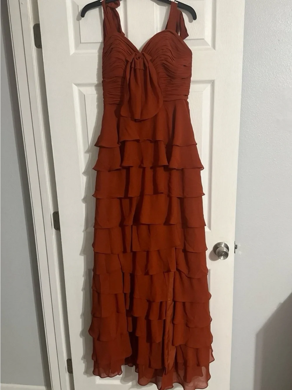 Women's Ruffle Chiffon Prom Dresses Strapless Tiered Formal Gown with Slit - Picture 2 of 6